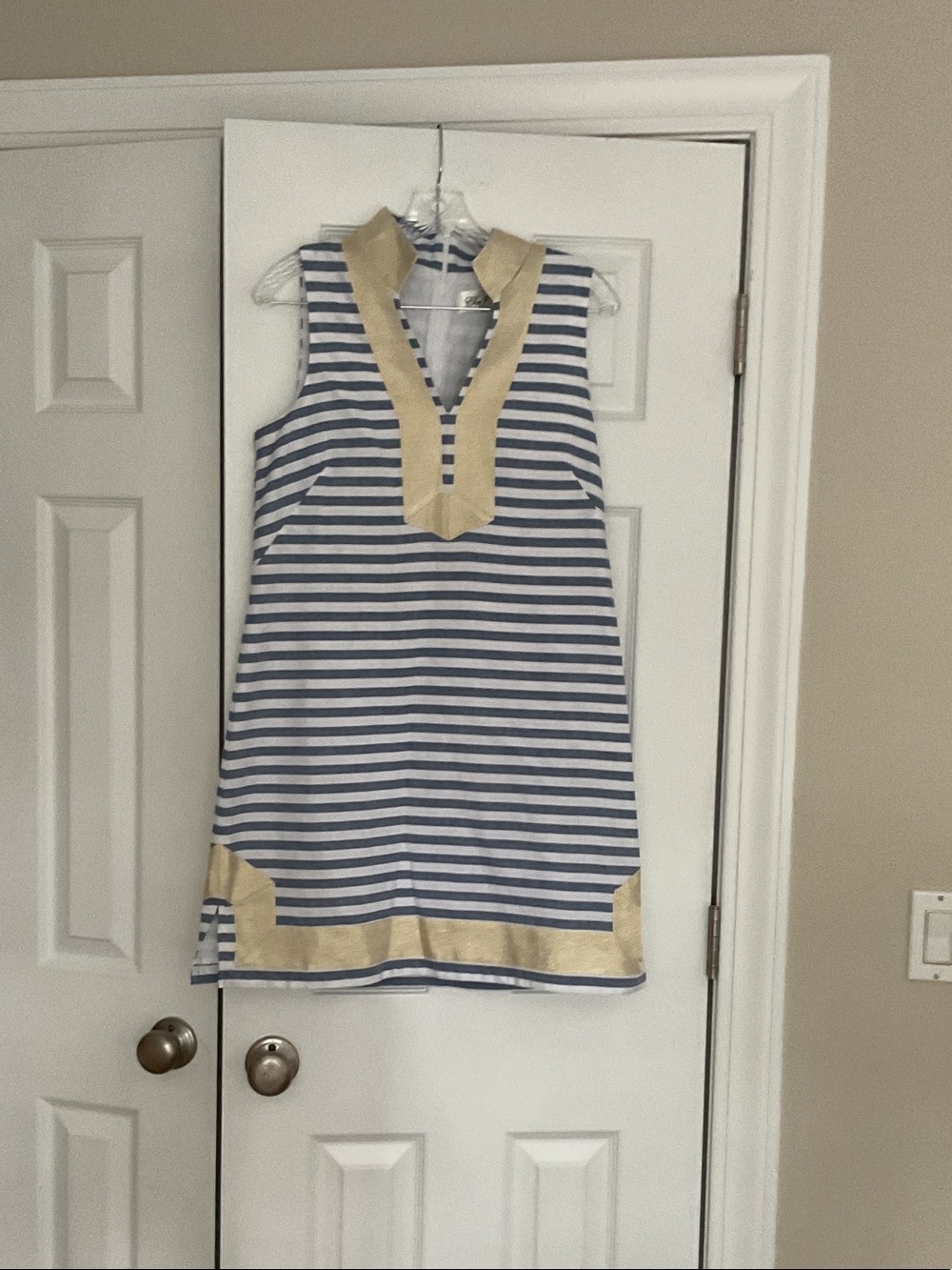 Eliza J Navy and White Striped Sleeveless Shift Dress with Gold Trim